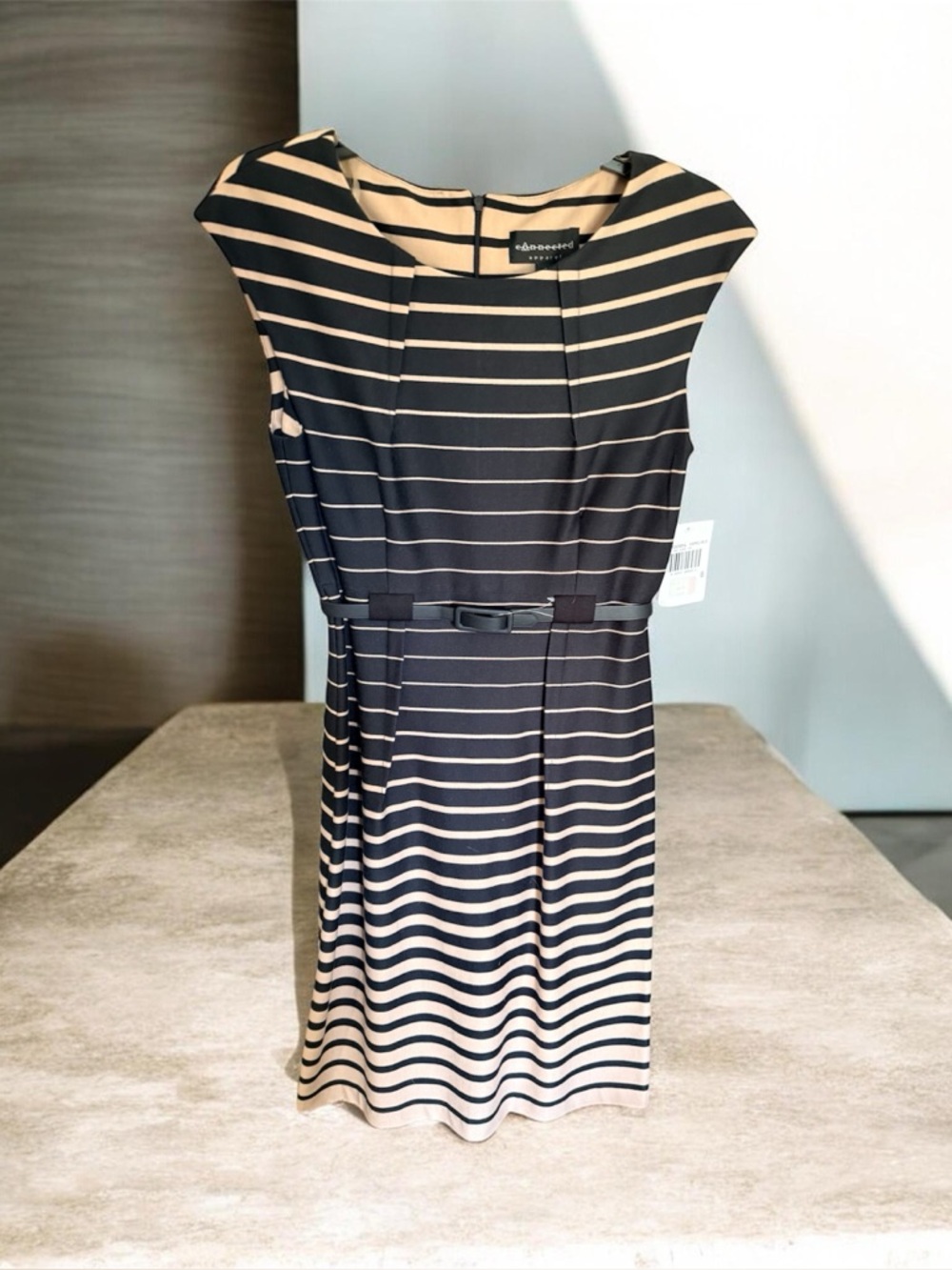 Connected Apparel, Black and Beige Striped Belted Sheath Dress Sz. 8 NWT